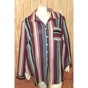 Dressbarn Multicolor Stripe Long Roll Tab Sleeve Button Up Blouse Sz XL